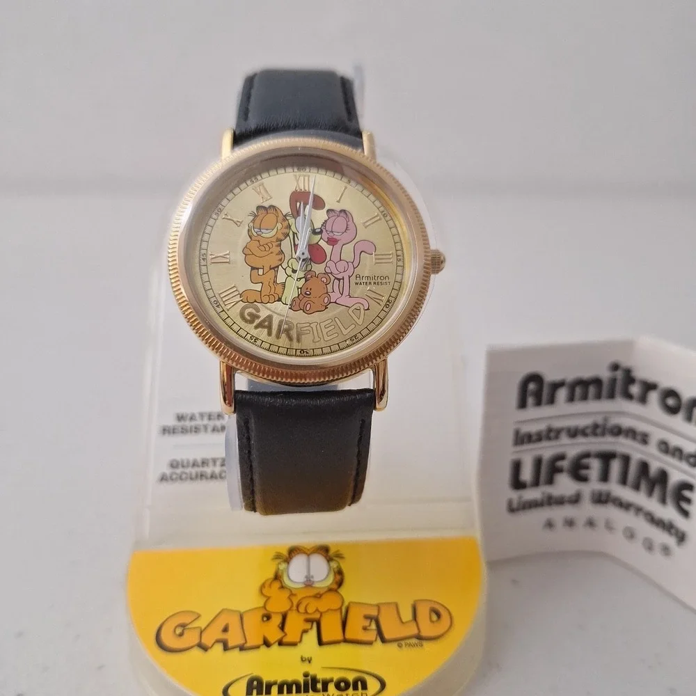 *RARE* NEW Vtg Garfield Armitron Watch Leather Gold Tone Quartz Water Resistant